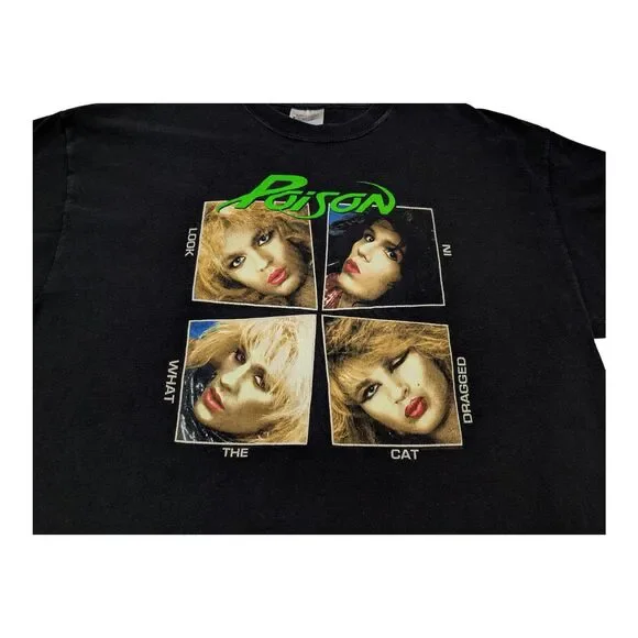 Vintage Poison Shirt XL Black Look What The Cat Dragged In Band Tee 2003 - Picture 2 of 12